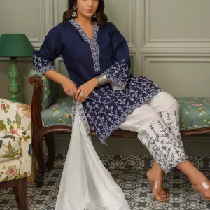 Navy Blue Embroidery 3pcs Set