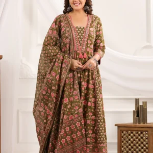 Mahika Green Cotton A Line Suit Set For Women